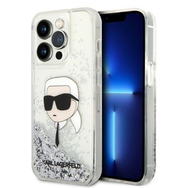 Funda para Apple iPhone 14 Pro Max, Karl Lagerfeld, Glitter Karl's Head, Plateada.