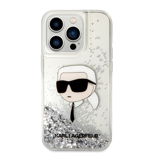 Funda para Apple iPhone 14 Pro Max, Karl Lagerfeld, Glitter Karl's Head, Plateada.