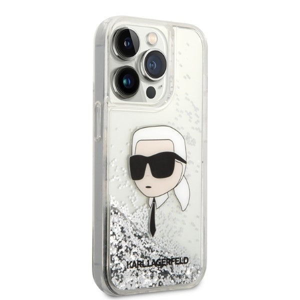Funda para Apple iPhone 14 Pro Max, Karl Lagerfeld, Glitter Karl's Head, Plateada.