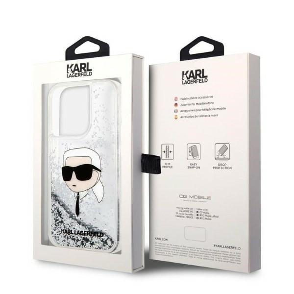 Funda para Apple iPhone 14 Pro Max, Karl Lagerfeld, Glitter Karl's Head, Plateada.
