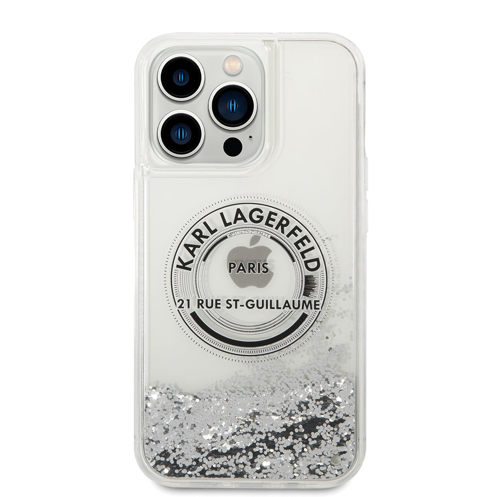 Funda para Apple iPhone 14 Pro Max, Karl Lagerfeld, Liquid Glitter RSG, Plateada.