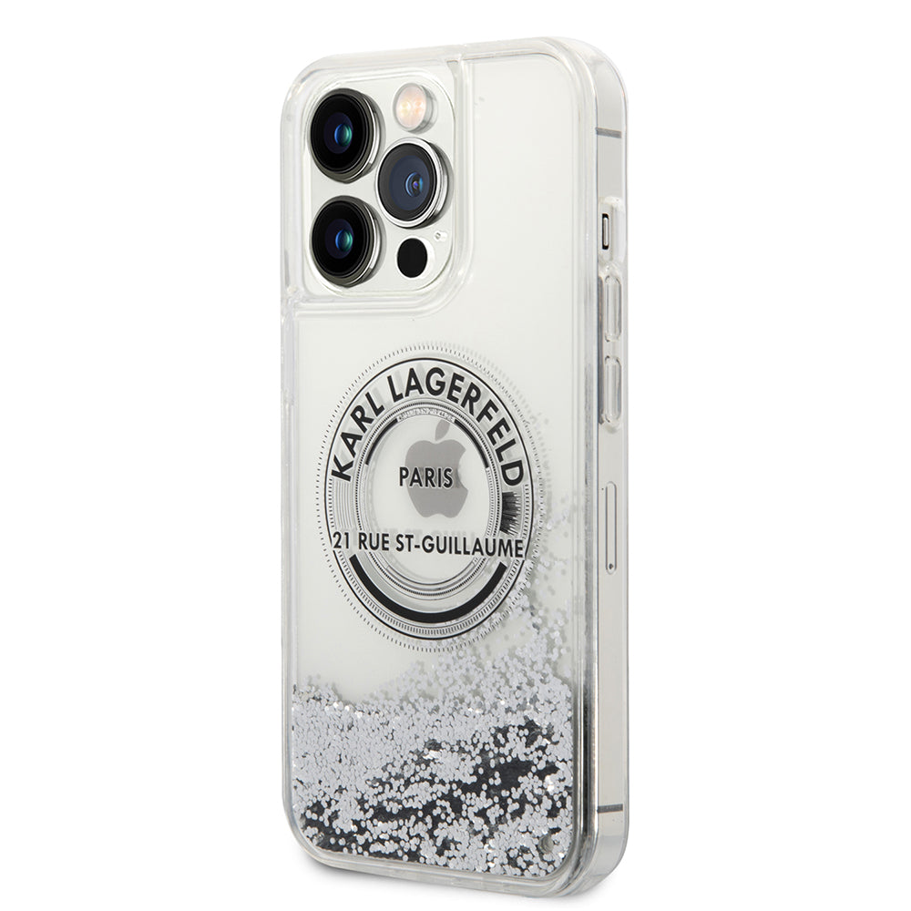 Funda para Apple iPhone 14 Pro Max, Karl Lagerfeld, Liquid Glitter RSG, Plateada.