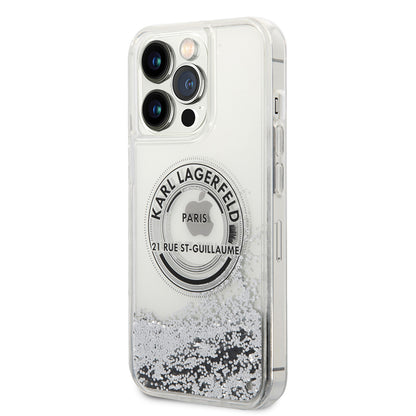 Funda para Apple iPhone 14 Pro Max, Karl Lagerfeld, Liquid Glitter RSG, Plateada.