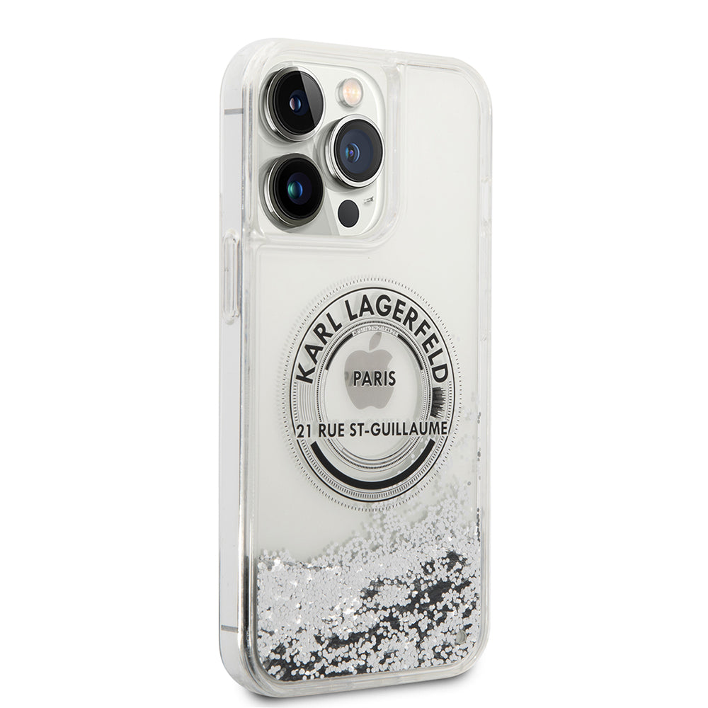 Funda para Apple iPhone 14 Pro Max, Karl Lagerfeld, Liquid Glitter RSG, Plateada.