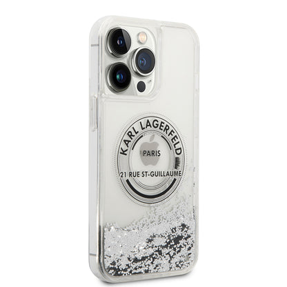 Funda para Apple iPhone 14 Pro Max, Karl Lagerfeld, Liquid Glitter RSG, Plateada.