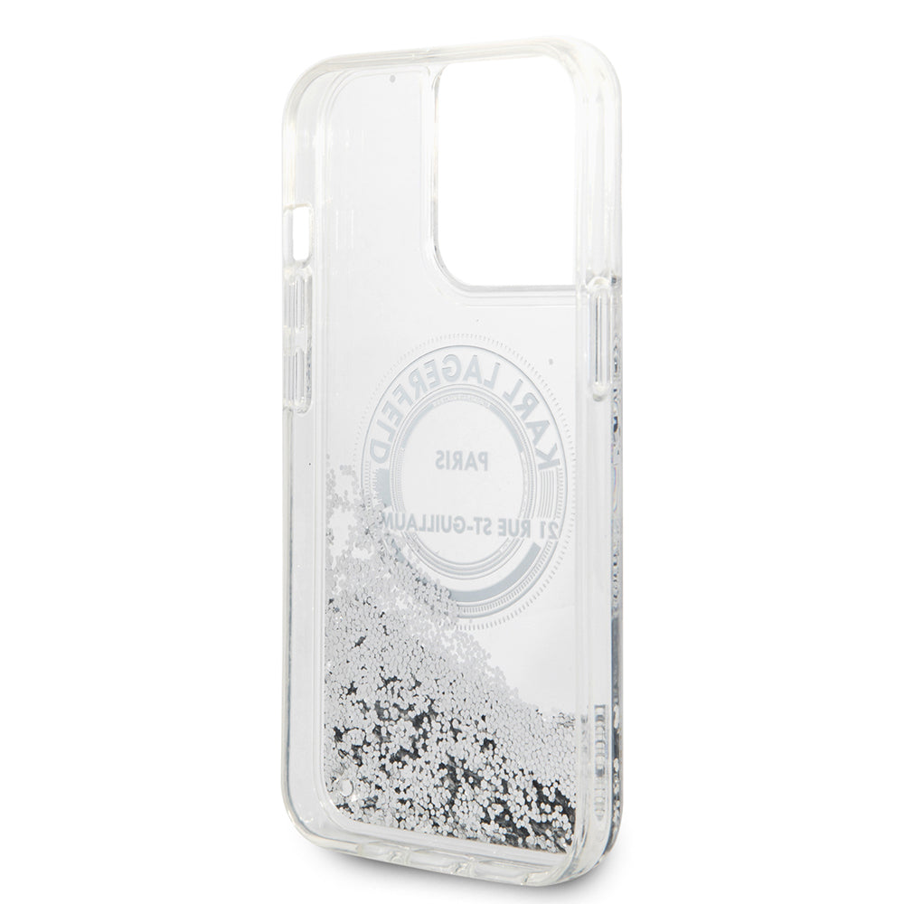 Funda para Apple iPhone 14 Pro Max, Karl Lagerfeld, Liquid Glitter RSG, Plateada.