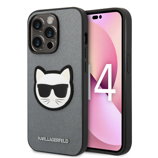 Funda para Apple iPhone 14 Pro Max, Karl Lagerfeld, Saffiano Choupette's Head, Plateada.