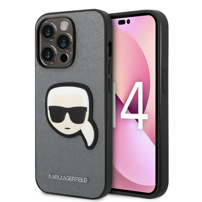 Funda para Apple iPhone 14 Pro Max, Karl Lagerfeld, Saffiano Karl's Head, Plateada.