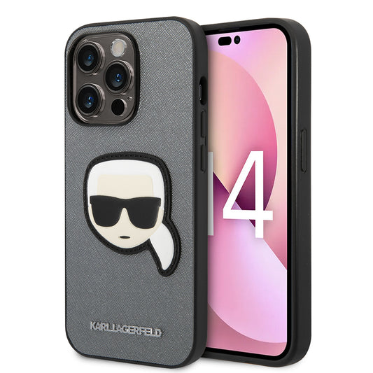 Funda para Apple iPhone 14 Pro Max, Karl Lagerfeld, Saffiano Karl's Head, Plateada.