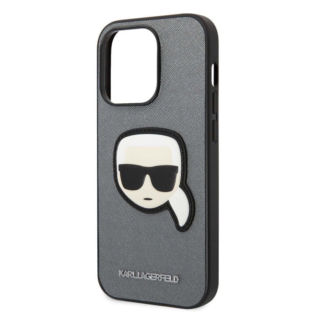 Funda para Apple iPhone 14 Pro Max, Karl Lagerfeld, Saffiano Karl's Head, Plateada.