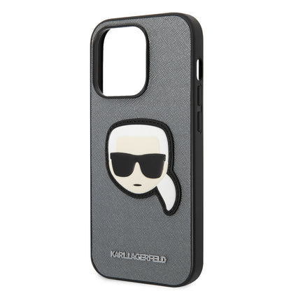 Funda para Apple iPhone 14 Pro Max, Karl Lagerfeld, Saffiano Karl's Head, Plateada.