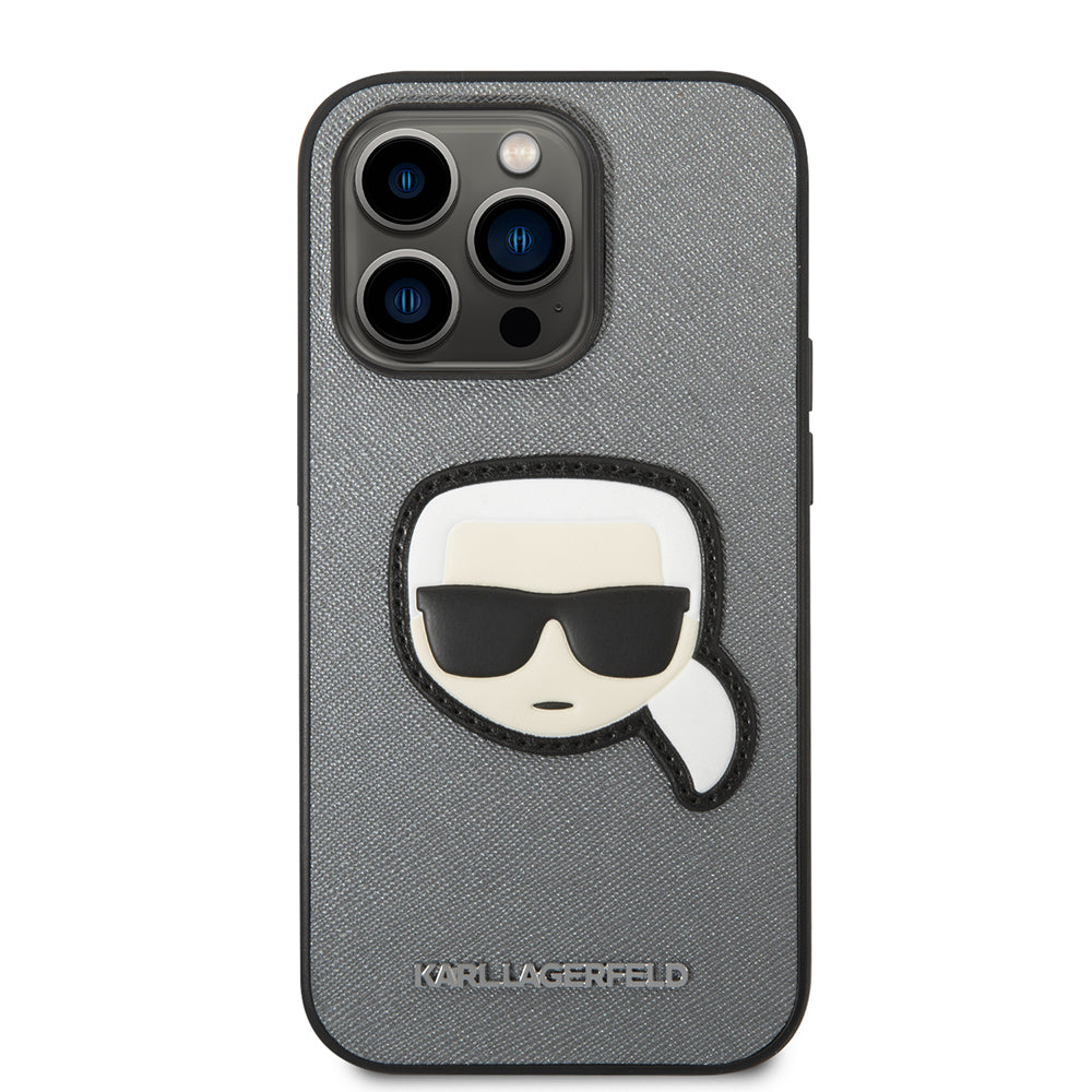 Funda para Apple iPhone 14 Pro Max, Karl Lagerfeld, Saffiano Karl's Head, Plateada.