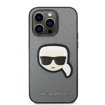 Funda para Apple iPhone 14 Pro Max, Karl Lagerfeld, Saffiano Karl's Head, Plateada.
