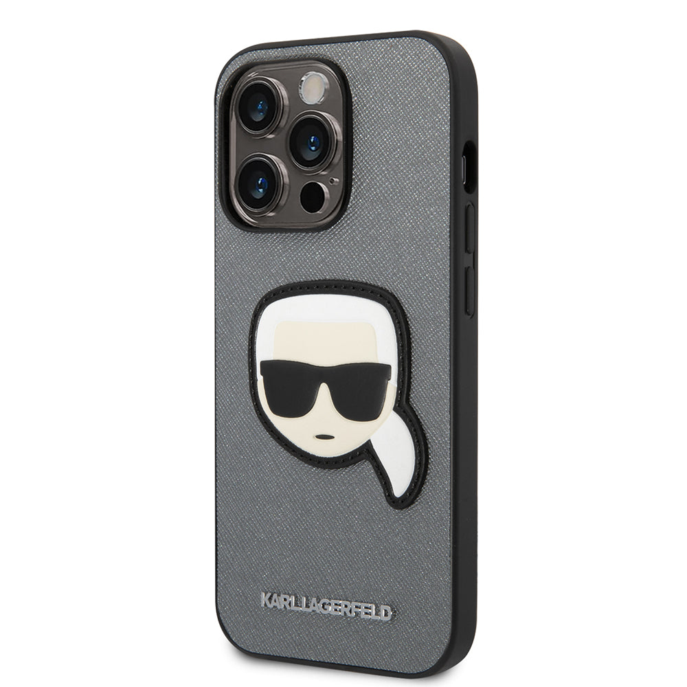 Funda para Apple iPhone 14 Pro Max, Karl Lagerfeld, Saffiano Karl's Head, Plateada.