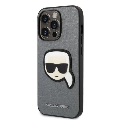 Funda para Apple iPhone 14 Pro Max, Karl Lagerfeld, Saffiano Karl's Head, Plateada.