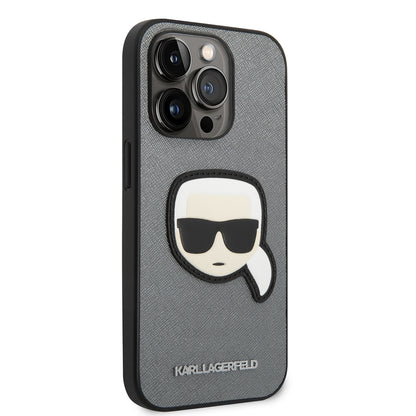 Funda para Apple iPhone 14 Pro Max, Karl Lagerfeld, Saffiano Karl's Head, Plateada.