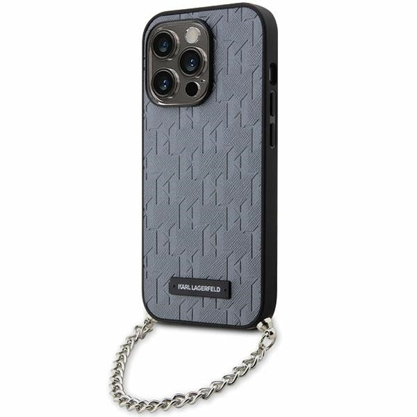 Funda para Apple iPhone 14 Pro Max, Karl Lagerfeld, Saffiano Monogram Chain, Plateada.