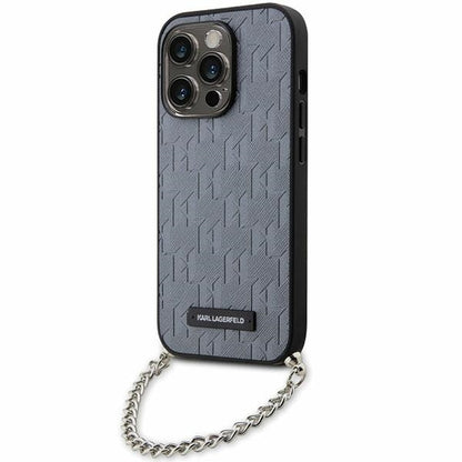 Funda para Apple iPhone 14 Pro Max, Karl Lagerfeld, Saffiano Monogram Chain, Plateada.