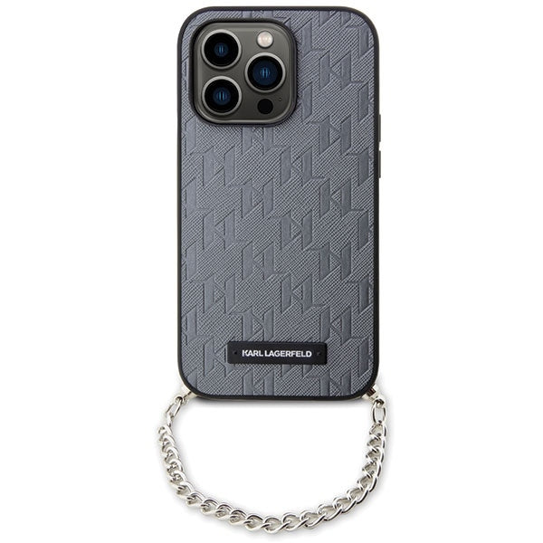 Funda para Apple iPhone 14 Pro Max, Karl Lagerfeld, Saffiano Monogram Chain, Plateada.