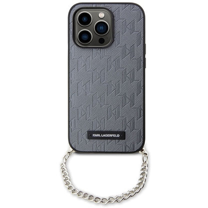 Funda para Apple iPhone 14 Pro Max, Karl Lagerfeld, Saffiano Monogram Chain, Plateada.