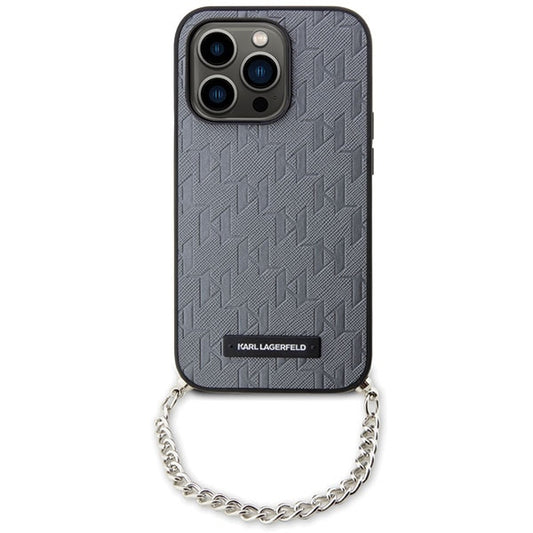 Funda para Apple iPhone 14 Pro Max, Karl Lagerfeld, Saffiano Monogram Chain, Plateada.