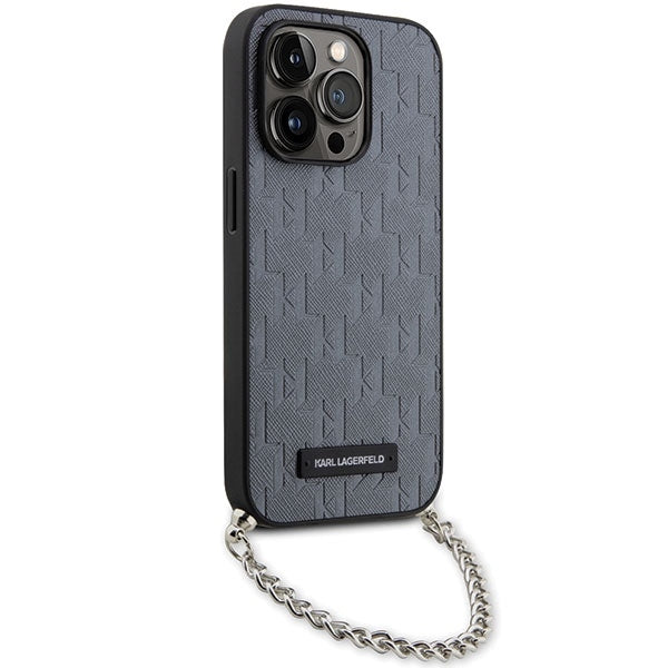 Funda para Apple iPhone 14 Pro Max, Karl Lagerfeld, Saffiano Monogram Chain, Plateada.