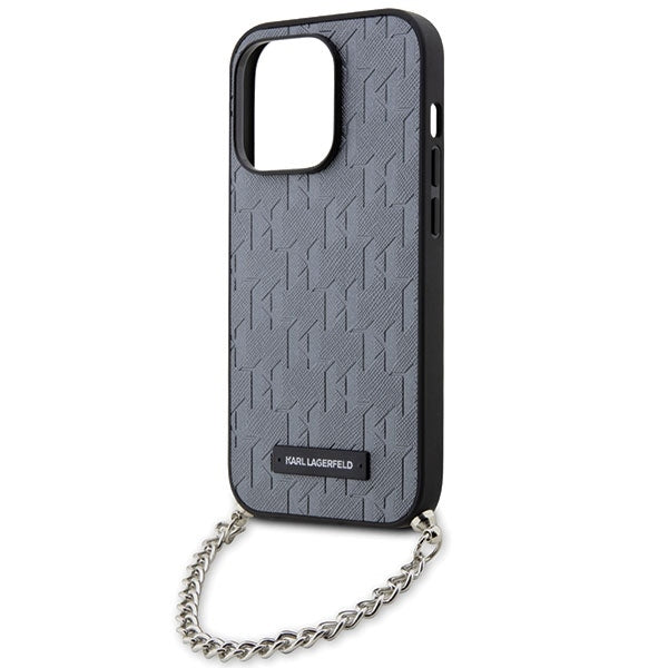 Funda para Apple iPhone 14 Pro Max, Karl Lagerfeld, Saffiano Monogram Chain, Plateada.