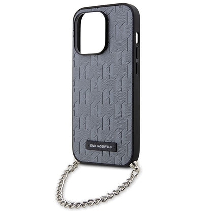 Funda para Apple iPhone 14 Pro Max, Karl Lagerfeld, Saffiano Monogram Chain, Plateada.