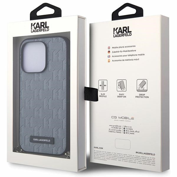 Funda para Apple iPhone 14 Pro Max, Karl Lagerfeld, Saffiano Monogram Chain, Plateada.