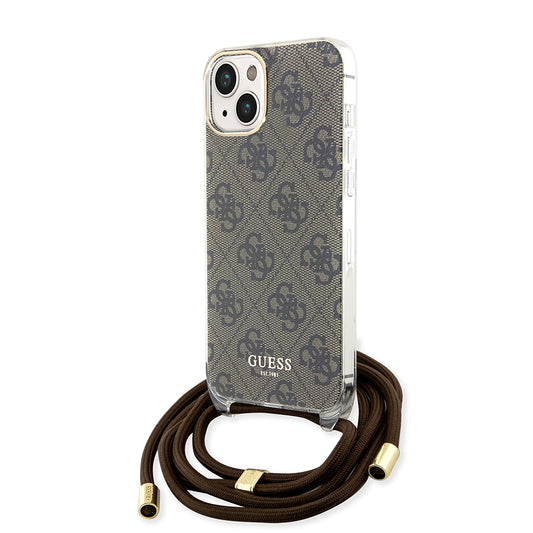 Funda para Apple iPhone 15, Guess, 4G IML Printed Crossbody, Marrón.