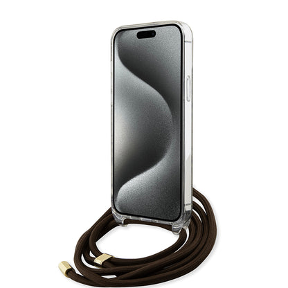 Funda para Apple iPhone 15, Guess, 4G IML Printed Crossbody, Marrón.