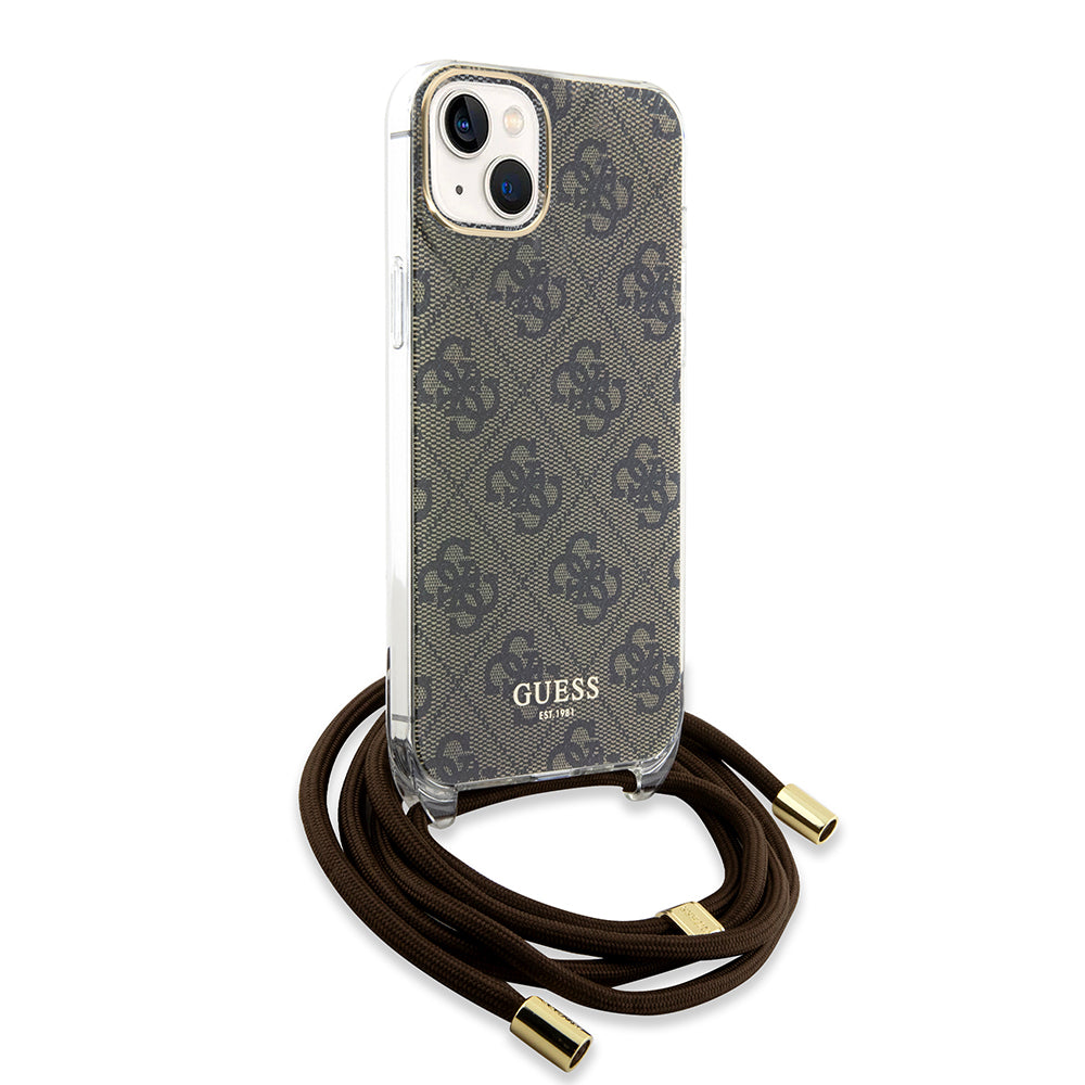 Funda para Apple iPhone 15, Guess, 4G IML Printed Crossbody, Marrón.