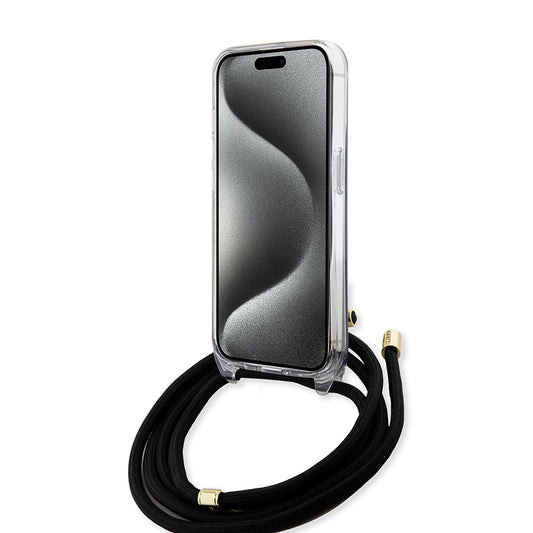Funda para Apple iPhone 15, Guess, 4G IML Printed Crossbody, Negra