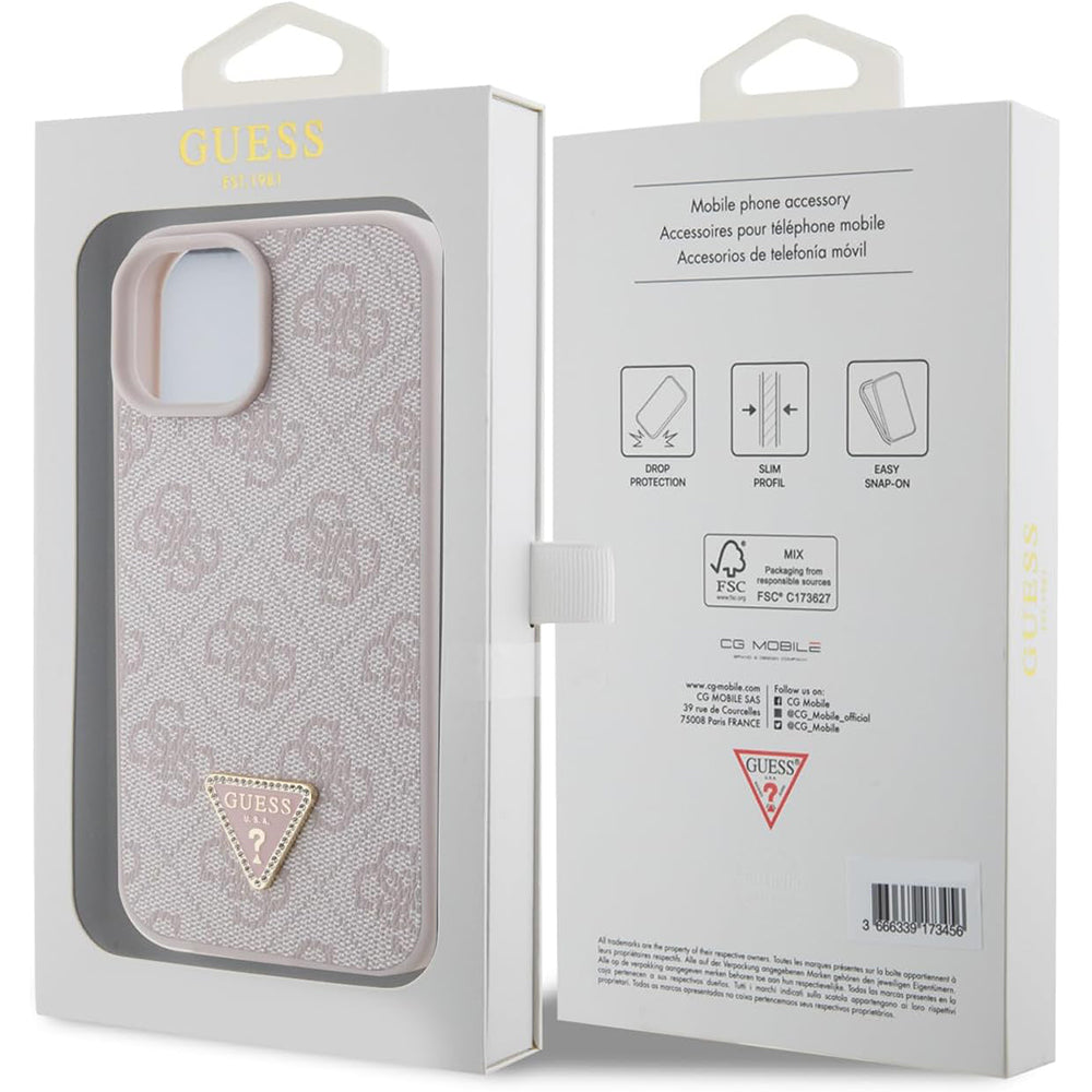 Funda para Apple iPhone 15, Guess, 4G Triangle Strass, Rosa