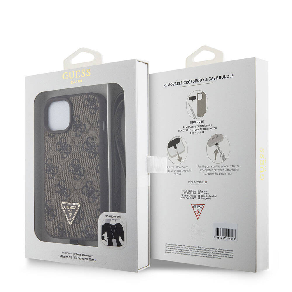 Funda para Apple iPhone 15, Guess, Crossbody 4G Metal Logo, Marrón