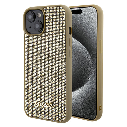 Funda para Apple iPhone 15, Guess, Disco Metal Script, Dorada