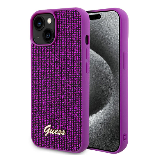 Funda para Apple iPhone 15, Guess, Disco Metal Script, Fucsia