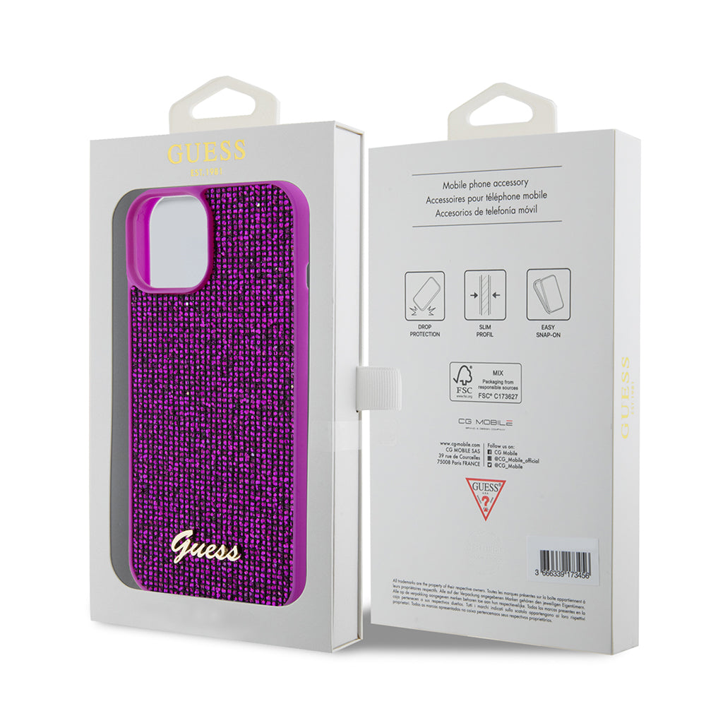 Funda para Apple iPhone 15, Guess, Disco Metal Script, Fucsia