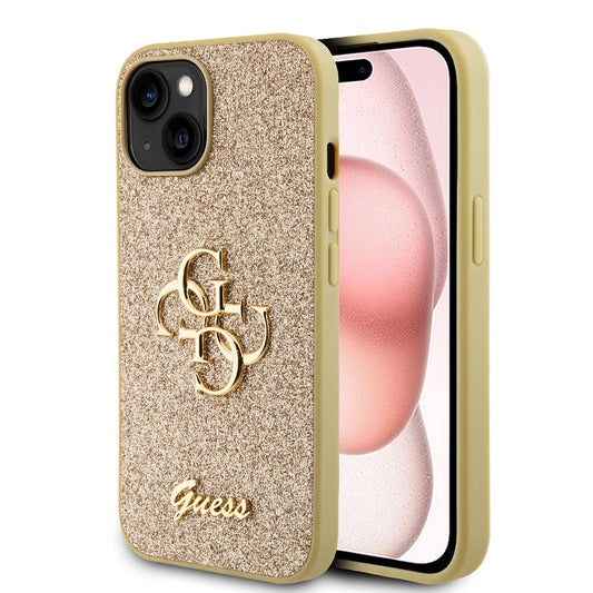 Funda para Apple iPhone 15, Guess, Glitter Big 4G Script, Dorada