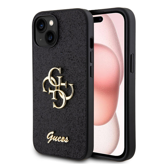 Funda para Apple iPhone 15, Guess, Glitter Big 4G Script, Negra