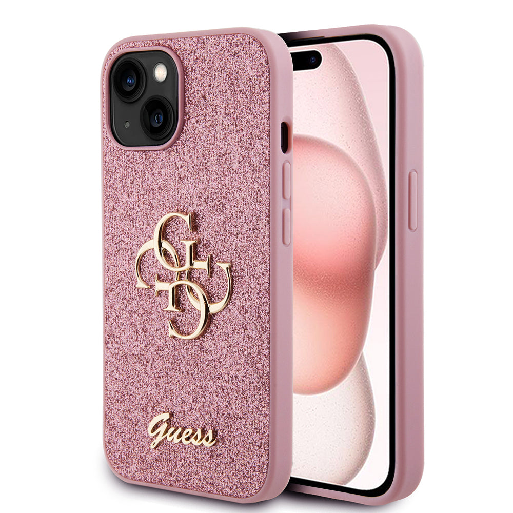Funda para Apple iPhone 15, Guess, Glitter Big 4G Script, Rosa