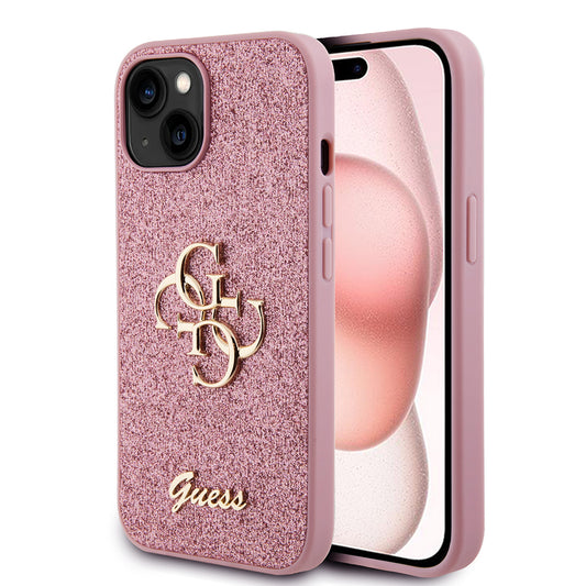 Funda para Apple iPhone 15, Guess, Glitter Big 4G Script, Rosa