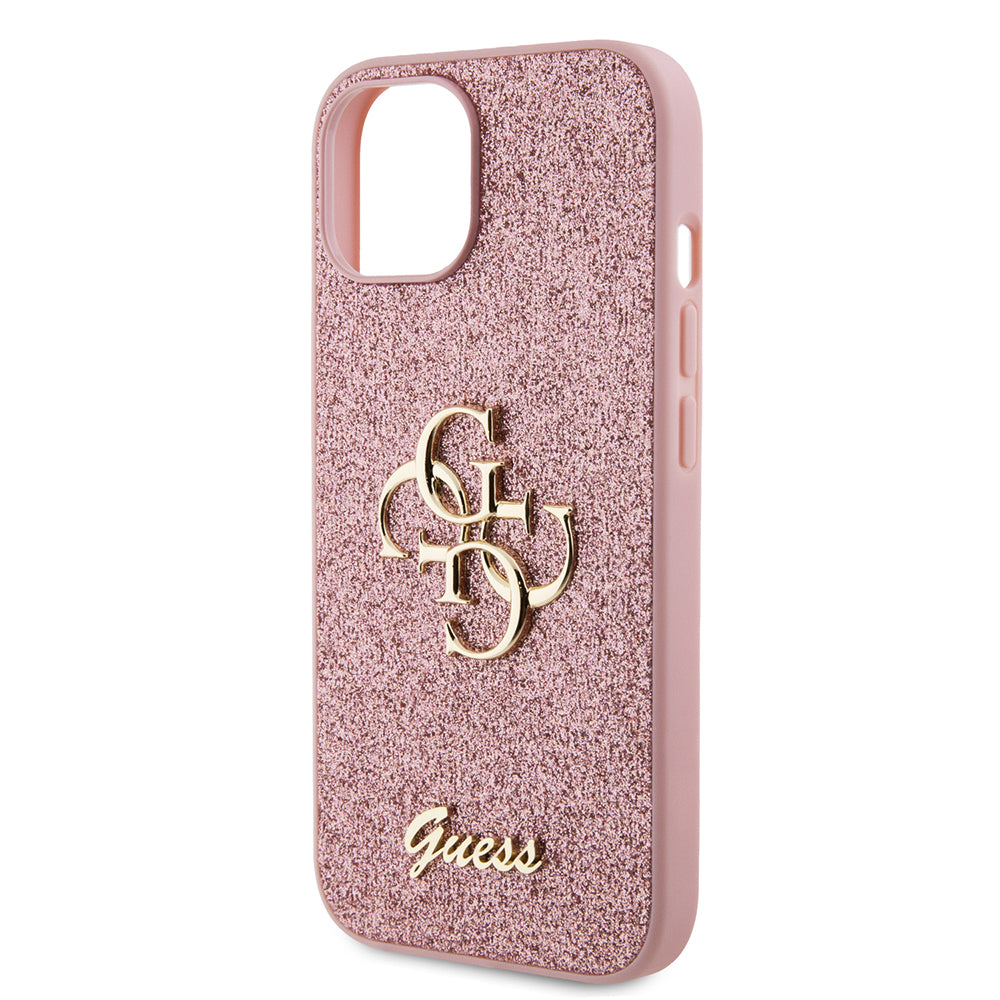 Funda para Apple iPhone 15, Guess, Glitter Big 4G Script, Rosa
