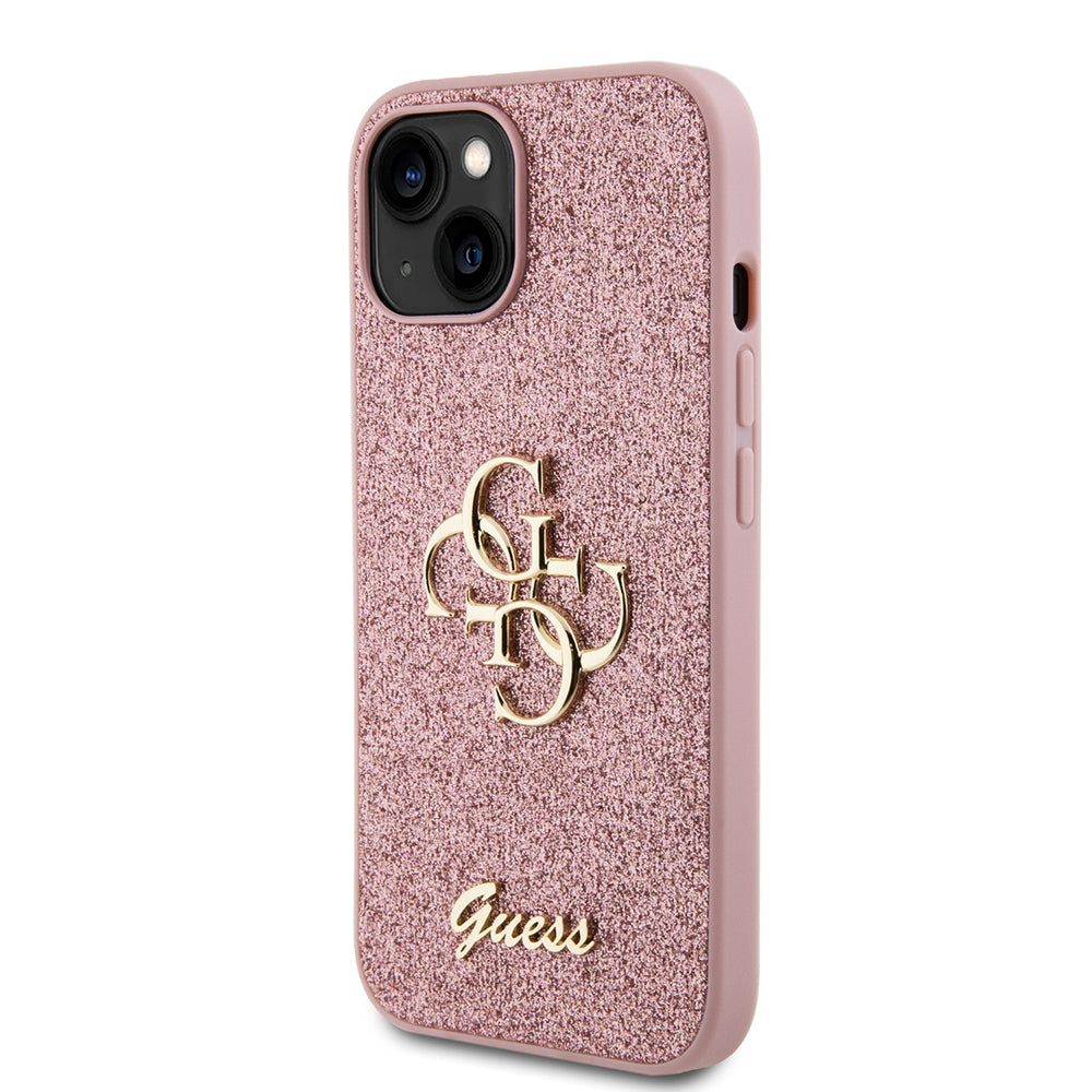 Funda para Apple iPhone 15, Guess, Glitter Big 4G Script, Rosa