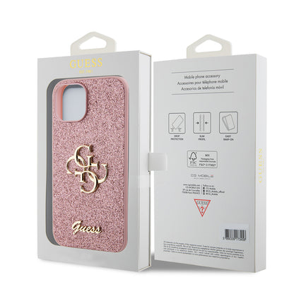 Funda para Apple iPhone 15, Guess, Glitter Big 4G Script, Rosa
