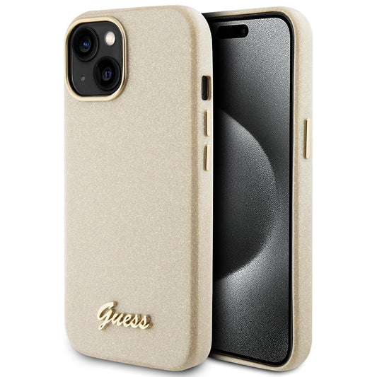 Funda para Apple iPhone 15, Guess, Glitter Glossy Script, Beige
