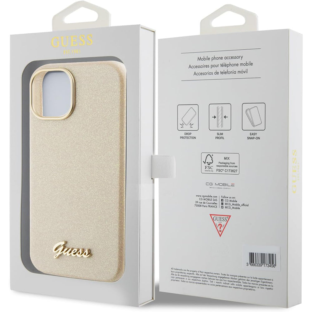 Funda para Apple iPhone 15, Guess, Glitter Glossy Script, Beige