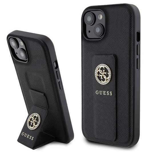 Funda para Apple iPhone 15, Guess, Grip Stand 4G Saffiano Strass, Negra