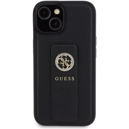 Funda para Apple iPhone 15, Guess, Grip Stand 4G Saffiano Strass, Negra