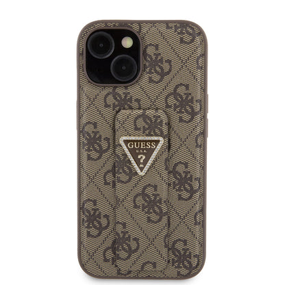 Funda para Apple iPhone 15, Guess, Grip Stand 4G Triangle Strass, Marrón